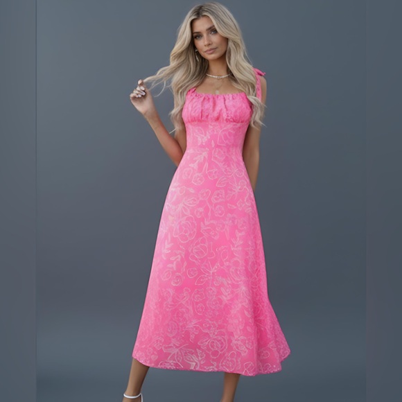 Pink Chiffon Floral Print Tie Shoulder Ruched Bust Cami Dress - Picture 2 of 8